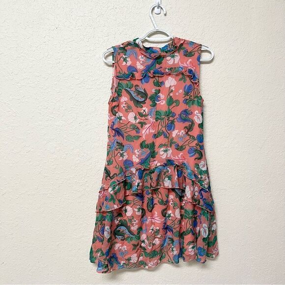 Saloni Tilly 100% Silk Pink Floral Button Up Ruffle Dress Size 2 Sleeveless - Picture 4 of 8